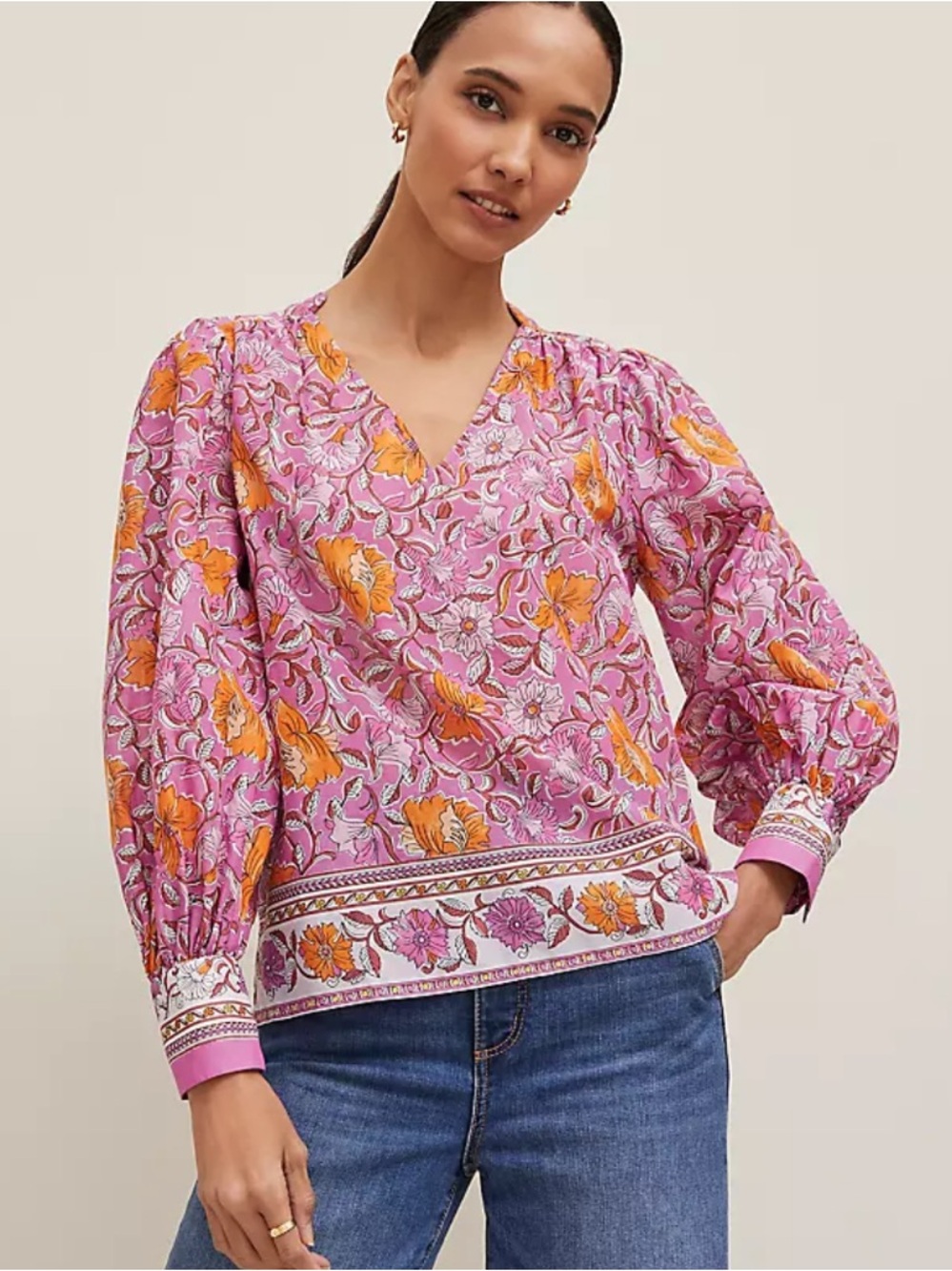 NWT Ann Taylor Pink & Orange Floral Print Long Sleeve V-Neck Popover Blouse
